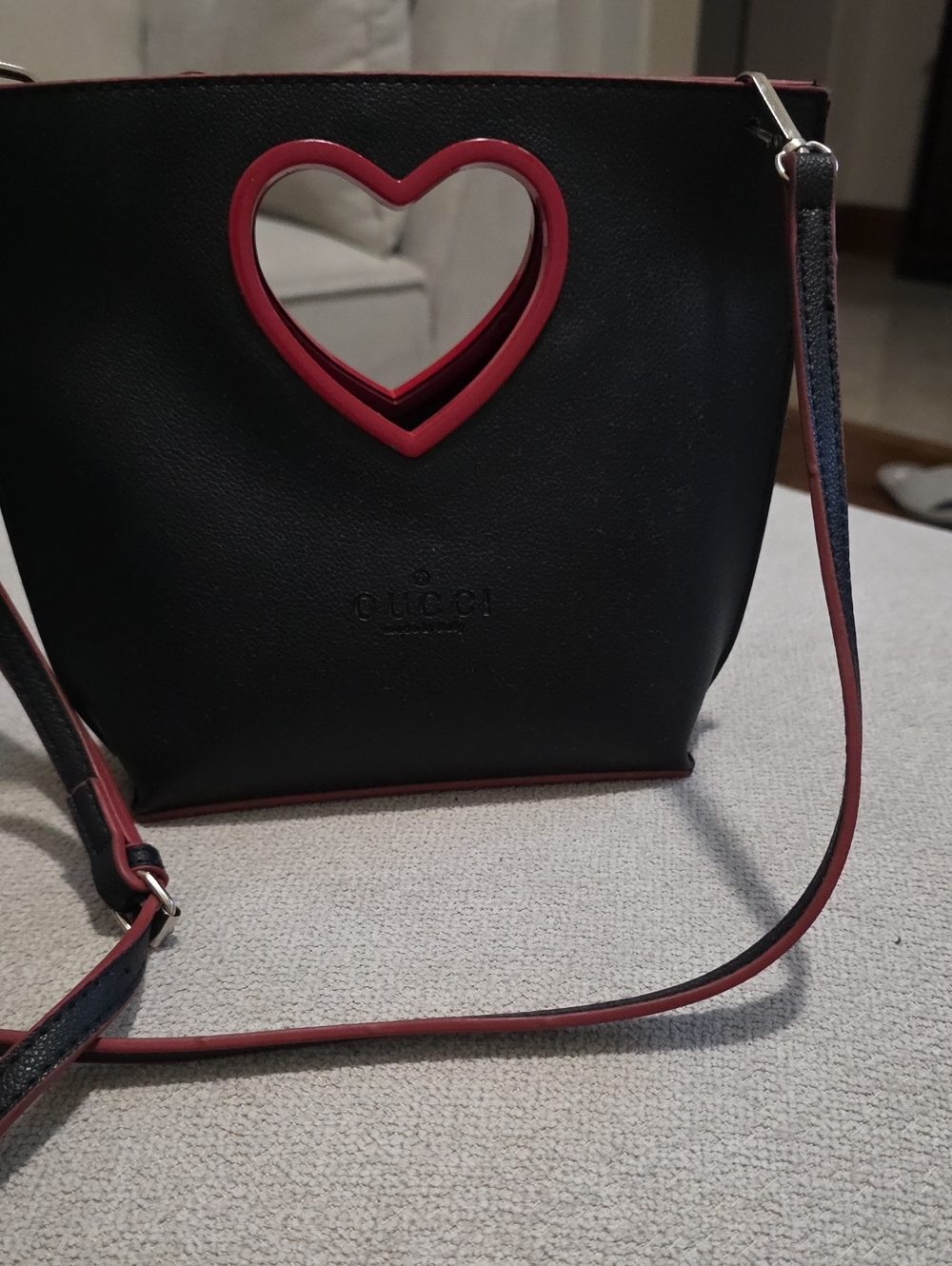 GG. Inspired Black Leather Crossbody with Red Heart Cutout